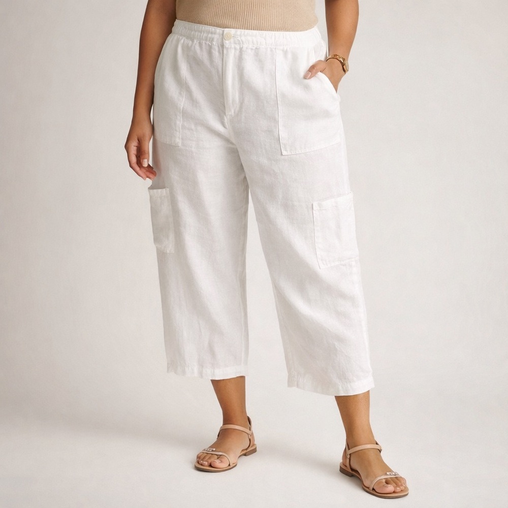 LIZ CLAIBORNE LINEN WHITE WIDE LEG CROPPED CARGO PANTS SIZE 10